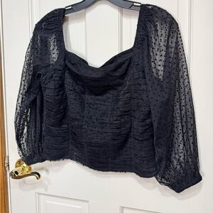 black mesh Swiss-dot ruched blouse with puff sleeves with square neckline—small